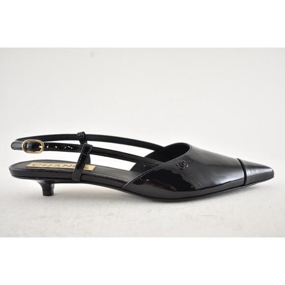 Chanel 22K Black Patent Leather CC Sling Slingback Sandal Pointed Kitten Heel 37 - Picture 2 of 14